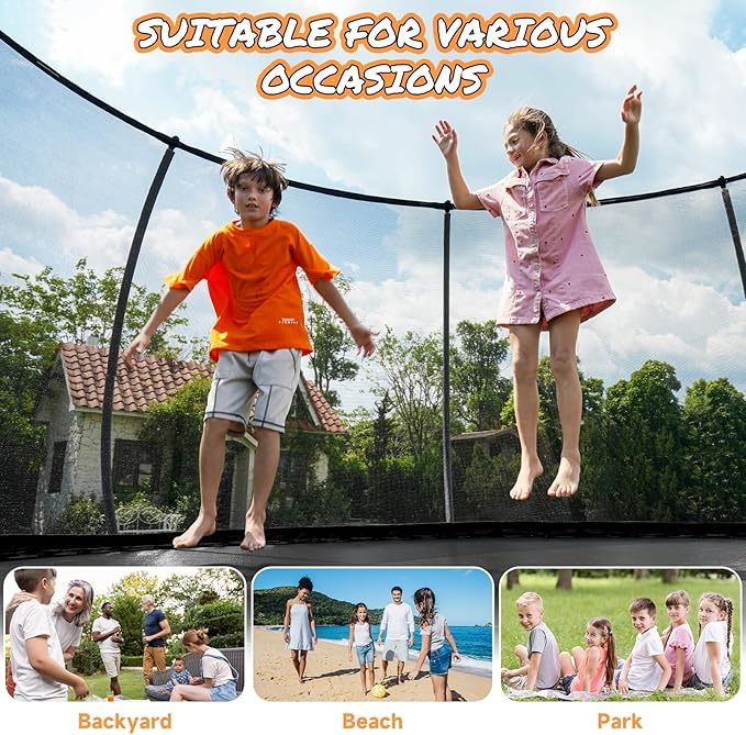 10FT 12FT 14FT 15FT 16FT Outdoor Trampoline with Enclosure Net, Heavy Duty Yard Trampolines, ASTM Approval Recreational Trampolines for Kids and Adults
