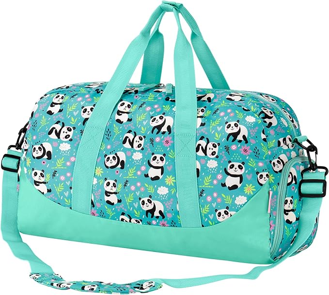 Choco Mocha Duffle Bag Kids Girls - Panda Overnight Bags for Kid with Shoes Compartment, Cute Weekender Bag for Sleepover Travel, Green
