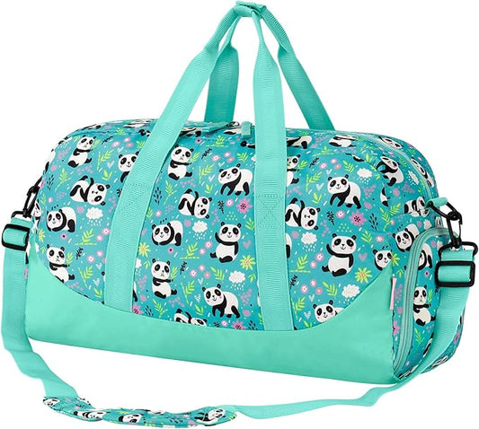 Choco Mocha Duffle Bag Kids Girls - Panda Overnight Bags for Kid with Shoes Compartment, Cute Weekender Bag for Sleepover Travel, Green