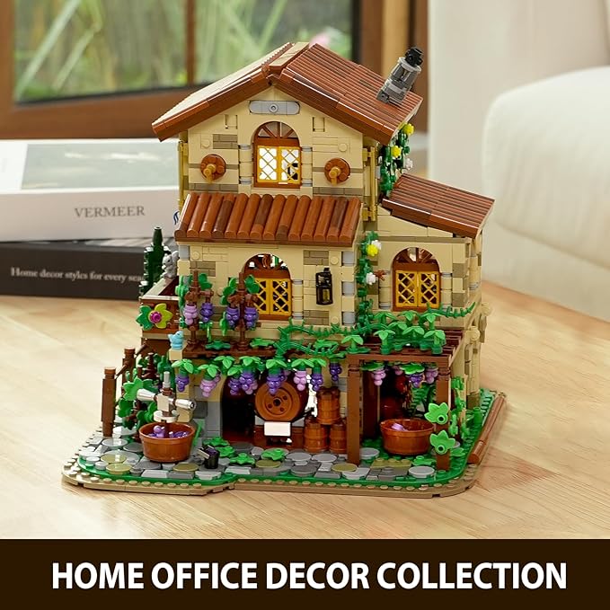 Winery Chateau House Building Set with Lights, Vineyard Castle Construction Model Home Decor, 1826 PCS Vine Estate Autumn Cabin Building Block Kit, Birthday Gift for Adults Teens Boys Girls