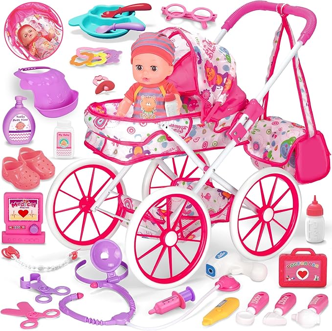 Baby Doll Stroller Toys Set, 12″ Doll with Accessories, 28Pcs Baby Dolls and Stroller Set with Care Bag, Clothes, Baby Bottle, Realistic Pretend Play Toy for Girls 3-5, 4-6, 7 Years Old Toddler Gift