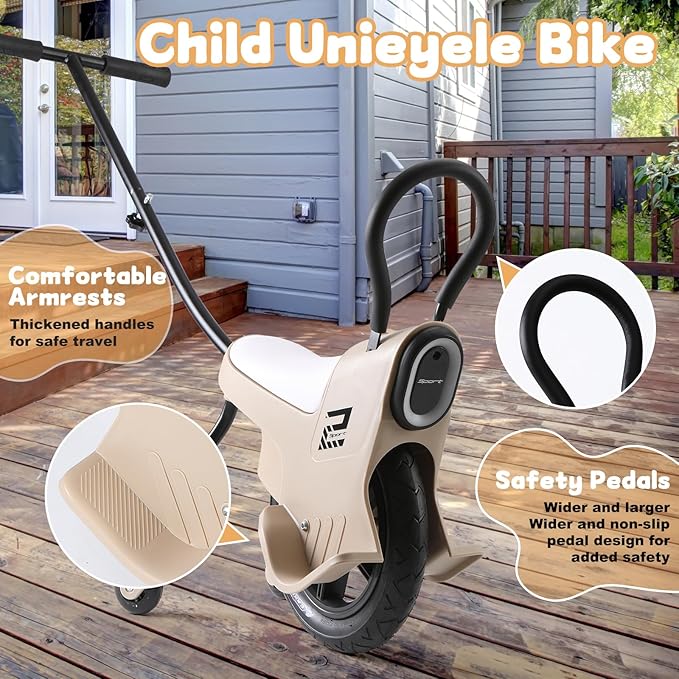 12in Hand Push Unicycle for Kids, Light Unicycle Bikes with Light/Handrails/Auxiliary Wheels, Parent-Child Unicycle Bike, Unicycle Balance Bikes, Kids Unicycle Bicycles (Khaki)