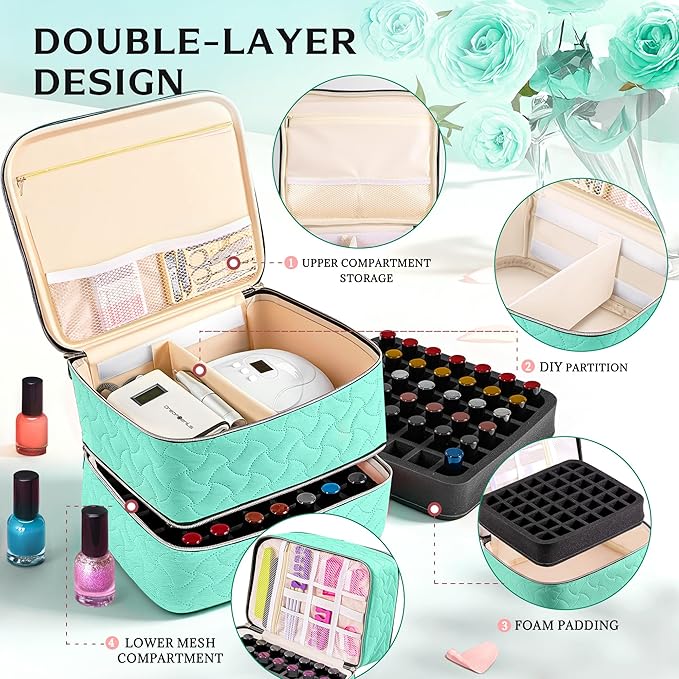 DreamGenius Nail Polish Organizer Case Holds 42 Bottles, Portable Double-Layer Nail Polish Storage Bag with Adjustable Dividers for Manicure Tools, Green