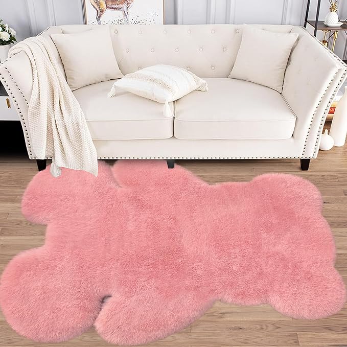 4.6x6 ft Pink Bear Soft Fluffy Large Rug, Shaggy Faux Sheepskin Fur Rug Fuzzy Shag Area Rug Cute Plush Carpet for Nursery Kids Girls Bedroom Room Aesthetic Living Room Floor Home Decor, Pink