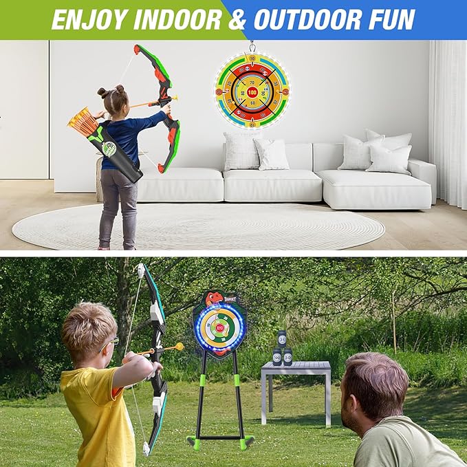 2 Pack Kids Bow and Arrow with 29" Large Dart Board, LED Light Up Archery Set with 24 Suction Cup Arrows, Indoor Outdoor Sport Dinosaur Toys Gifts for 3 4 5 6 7 8 9 10 11 12 Year Old Boys Girls
