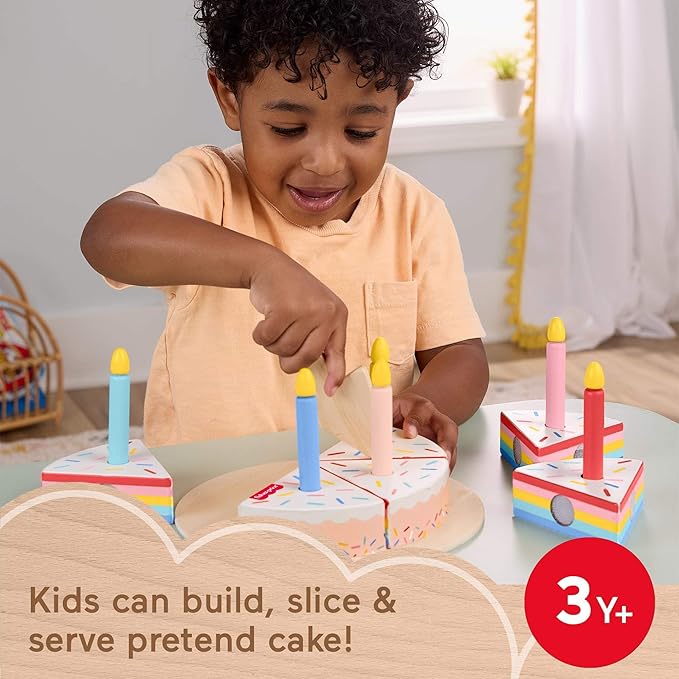 Fisher-Price Wood Pretend Play Toy Cake Set, 14-Piece Wooden Food Decorating & Serving Play for Preschool Kids Ages 3+ Years