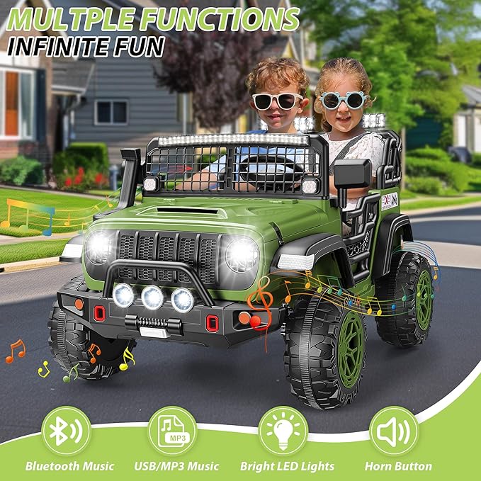 Hikole 24V 2 Seater Electric Ride on Toys Car for Kids 4-8, Remote Control, 2X200W Powered Wheels, 20'' Wide Seats, Sping Suspension, Bluetooth & Music, 110LBS MAX Load, LED Lights, 3 Speeds, Green