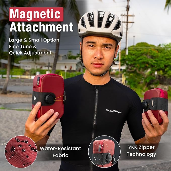 Lumiere & Co. Falcon Magnetic Saddle Bag– 0.69L | 6”x 3.5”x2 | Sleek Minimalist Design, Fast Magnetic Buckle Attachment | Cycling Bike Bag (Red, Large)