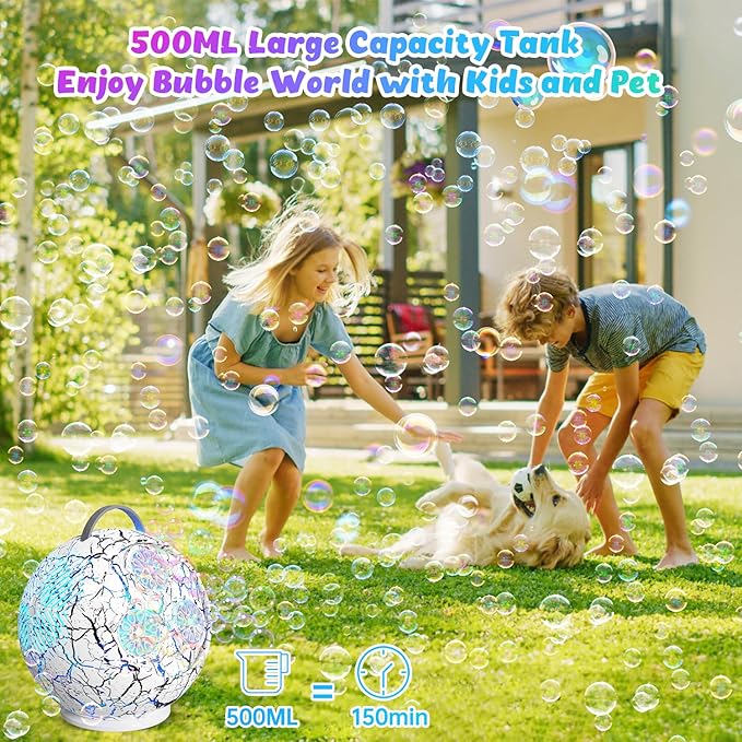 Bubble Machine for Kids Toddlers,45°/360° Rotatable Spherical Bubble Maker Toy with LED Light,Rechargeable Bubble Blower for 3 4 5 Year Old,Wedding Party Easter Birthday Gifts -Spherical White Crack