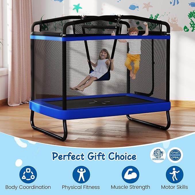 Goplus 6 x 4 FT Rectangle Kids Trampoline, Indoor Outdoor Recreational Trampoline with Swing, Gymnastics Bar & Safety Enclosure Net, ASTM Compliant Gift for Children Boys Girls