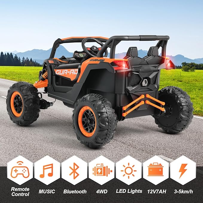 JOYLDIAS 4WD Ride On Car, 12V Battery Powered Electric Off-Road UTV for Kids, 4X4 Electric Vehicle with 4 Powerful Engines, 2.4G Remote Control, Music, Bluetooth, LED Lights for Boys and Girls, Orange