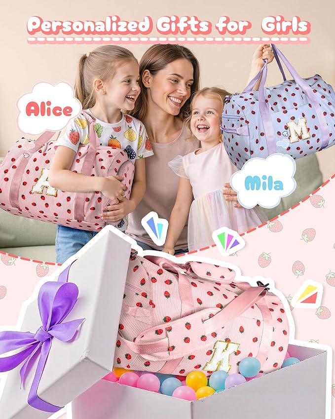 Holiday Gift for Grandkids, Girls Gym Bag, Kids Personalized Weekend Duffel Bags with Shoe Compartment, Initial Travel Tote with Makeup Bag, Gifts for Cheerleader Girl (Letter D)