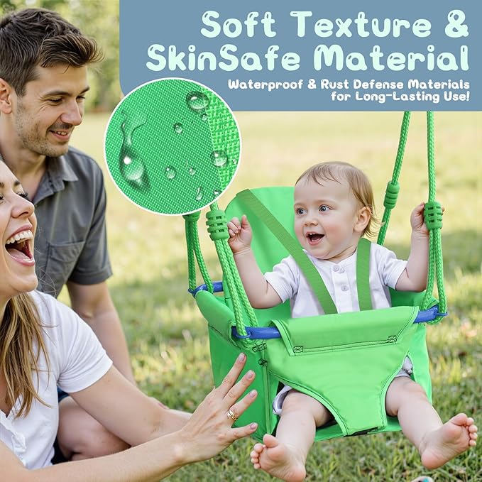 2-in-1 My First Toddler Swing Set for Backyard, Baby Indoor/Outdoor Swing with Foldable Stand, Belt & Soft Swing Seat with Safety Harness & Height Adjuster, Suitable for Children 6 Months and Older