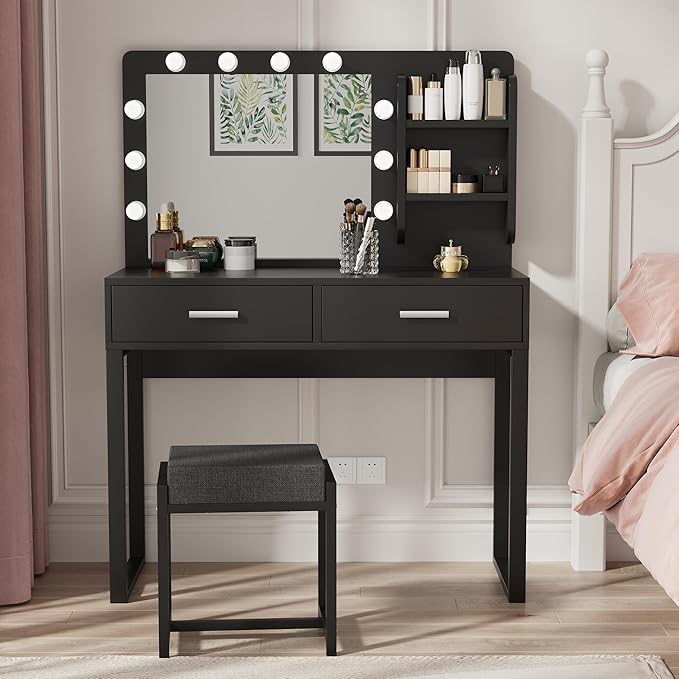 Makeup Vanity Desk with Lights,Black Vanity with Lighted Mirror,Vanity Desk with 2 Storage Drawers,Vanity Set with Bench