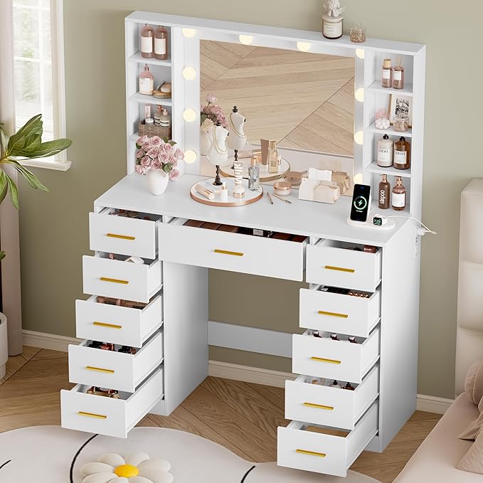 Makeup Vanity with Drawers, 43" White Vanity Desk with Mirror and Lights, 11 Drawers & 4 Shelves, Power Outlet & Adjustable LED Lights, Dressing Table for Women & Girls Bedroom