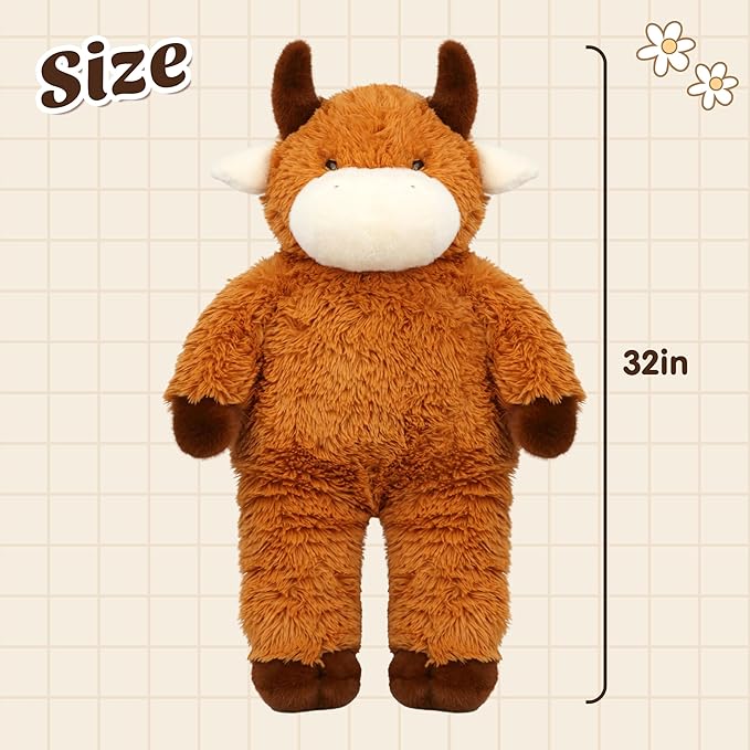 32" Big Highland Cow Stuffed Animal, Giant Highland Cow Plush Toy Huge Size Fluffy Plushy Fat Plushie Gift for Kids
