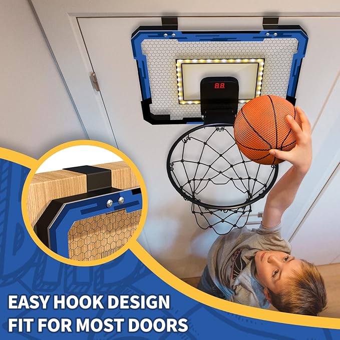 QDRAGON Mini Basketball Hoop with Scoreboard/LED Light, Glow in The Dark Over The Door Basketball Hoop Indoor, Toy Gifts for Kids/Adults/Boys/Girls