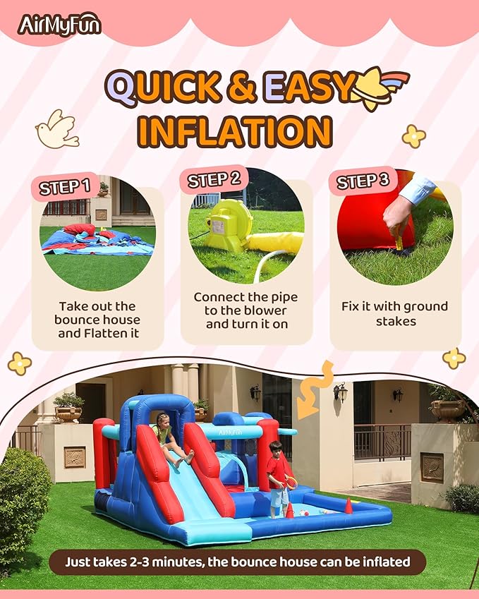 AirMyFun Bounce House,Bouncy Castle with Ball Pit,Inflatable Kids Double Slide with Air Blower, Castle Bouncer for Children Jumping Outdoor and Indoor Party