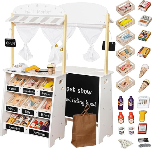 Kids Grocery Store Playset,Pretend Play Store Toy & Wooden Supermarket Shopping Cart with Toy Cash Register, Play Money&Blackboard;26PCS Food Toys Shop for 3+ year old boys girls toddler baby