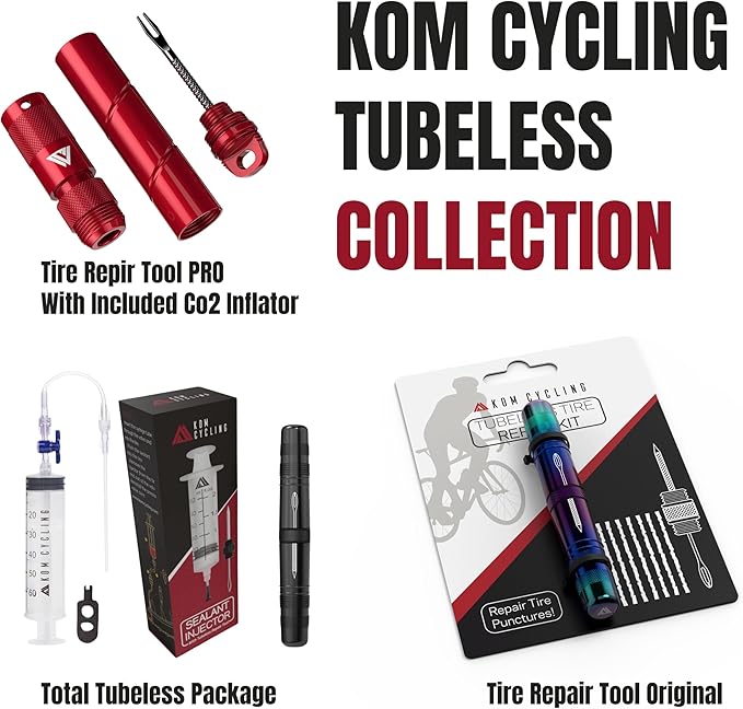 KOM Cycling Tubeless Tire Repair Kit for Bikes 8 Colors! Fixes Mountain Bike and Road Bicycle Tire Punctures