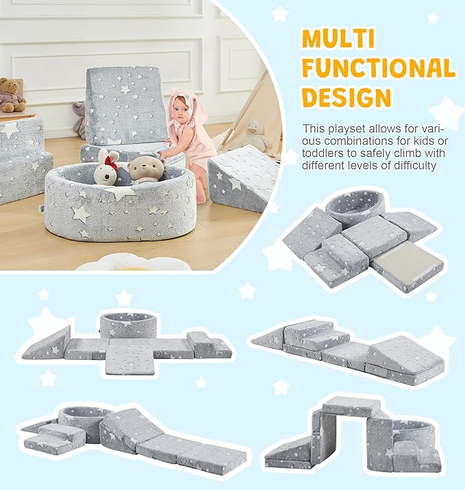 Foam Climbing Blocks with Ball Pit & Stairs for Toddlers Aged 1-3 -Soft Playset for Indoor Crawling, Foam Playground Set for Baby to Active Playing Inside -(Balls NOT Included),Stars