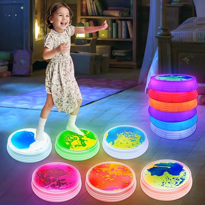 Stepping Stones for Kids - 6pcs Light Up Liquid Stepping Stones with 7 Color LED, Non-Slip Sensory Balance Toys for Toddlers Ages 3-5, Indoor Outdoor Fitness Toys for Birthday