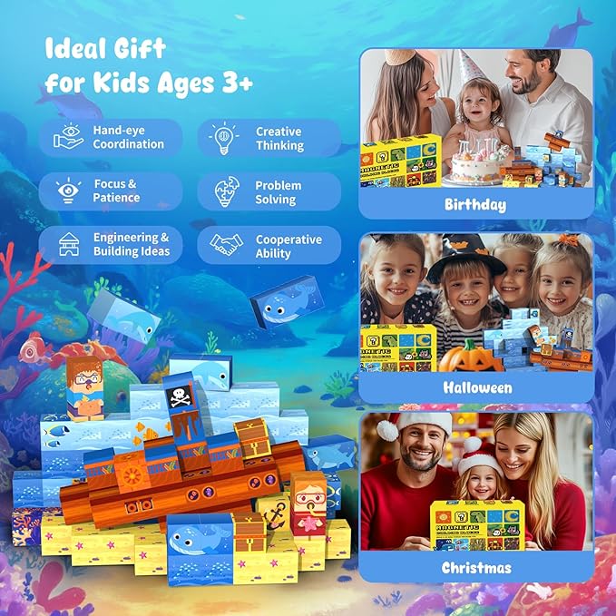 Magnetic Blocks— 120PCS Magnet Toys for Kids, Magnetic Building Blocks Cubes, Montessori Sensory Stacking Magnets, School STEM Toys Birthday Gifts for Boys and Girls Age 3+ Years Old (Ocean Explore)