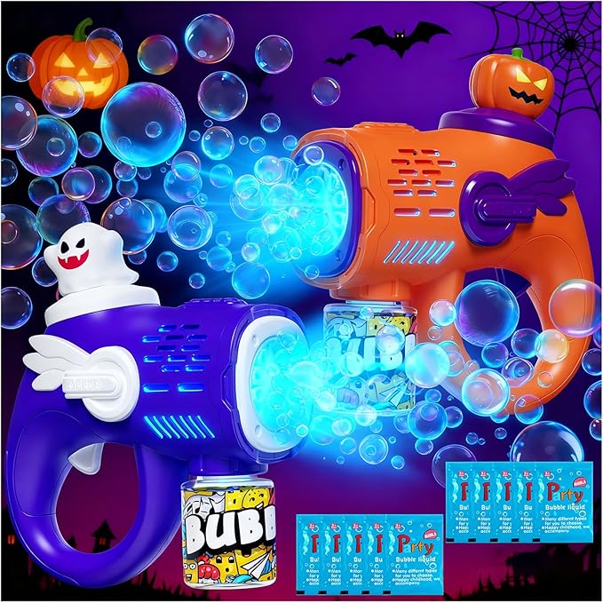 Halloween Bubble Gun Toys for Kids - 2 Light-Up Ghost & Pumpkin Bubble Machine with 10 Refill Packs - Fun Party Favors Trick or Treat Toy Boo Basket Stuffers for Kids Boys Girls