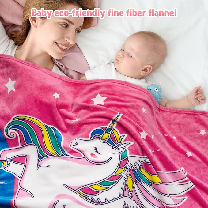 Unicorn Gifts Toys for Kids Girls - Glow in The Dark Blanket Age 1-13 Years Old Birthday Christmas Valentine's Gift Easter Presents Toddler Teen Daughter Grandkids Rainbow Moon Stars Throw 50"x60"