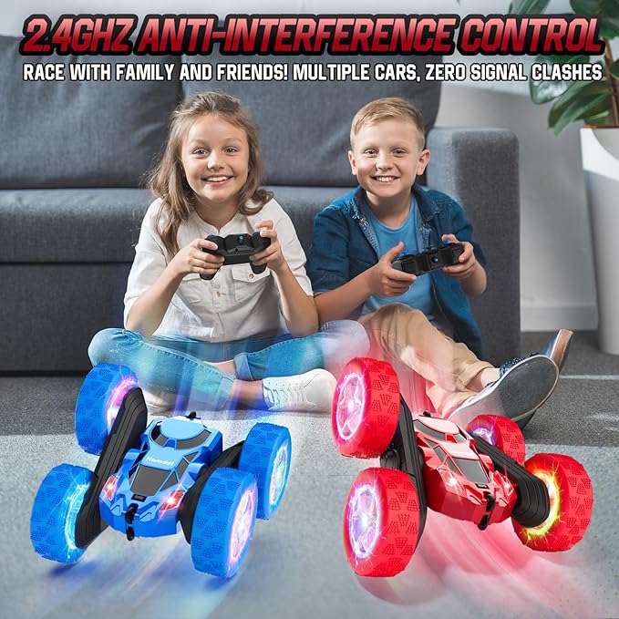 Remote Control Car for Kids Ages 6-12, 4WD RC Stunt Car with LED Lights & 360° Flips, 2.4GHz Fast Electric Toy Vehicle, Upgraded Battery, Birthday for Boys Ages 8-10
