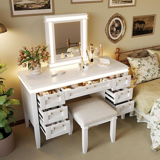 LUMISOL Makeup Vanity Desk with Mirror and Lights, 3 Lighting Modes, 48" Vanity Table with 7 Bamboo Weave Drawers, Dressing Table Set with Cushioned Stool, Light Beige
