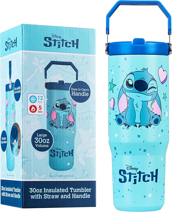Get Trend Disney Stitch Tumbler with Straw 30oz Kids Teens Insulated Cup with Lid Handle Travel Mug Cups with Lids for School Sports Gifts for Kids (Blue Stitch)