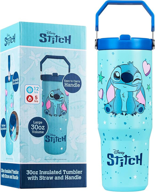 Get Trend Disney Stitch Tumbler with Straw 30oz Kids Teens Insulated Cup with Lid Handle Travel Mug Cups with Lids for School Sports Gifts for Kids (Blue Stitch)