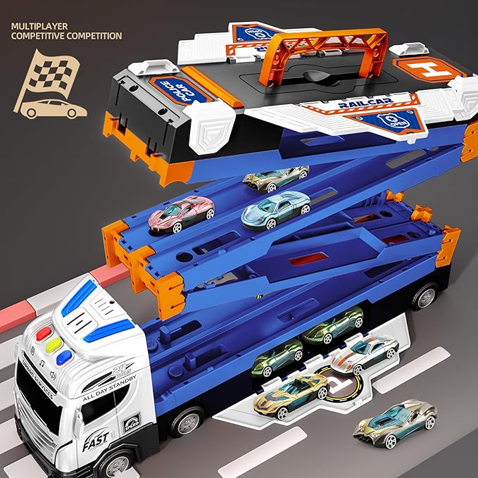 65-Inch Race Car Tracks and 20 Car Toys for Kids Boys Toddlers, Boy Toddler Toys Trucks for 3 4 5 6 7 8 Years Old Kids with Lights Sounds, Truck Toys Gift for 3 4 5 6 7 8 Years Old Boys Girls