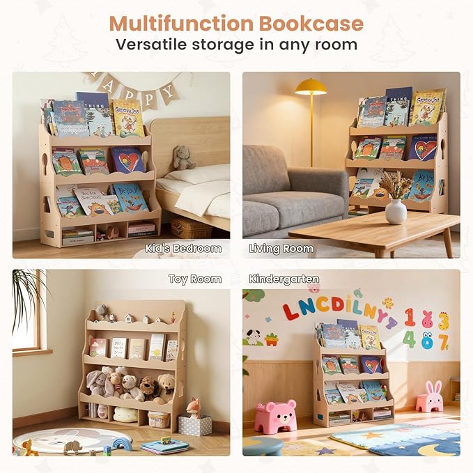 4-Tier Kids Book Shelf, Wooden Toddler Bookshelf with Toy Organizer, Montessori Nursery Bookcase for Boys Girls Bedrooms Playroom Classroom