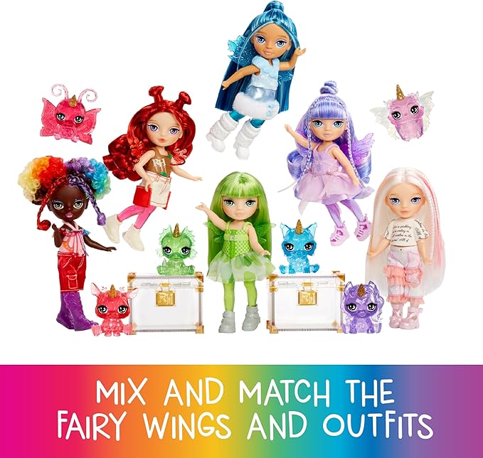 Rainbow High Littles Rainbow Fantasy Fairies + Pet – Sapphire, Blue 5.5" Posable Small Doll & Fantasy Dog Pet with Interchangeable Fairy Wings, Kids Gift 4+