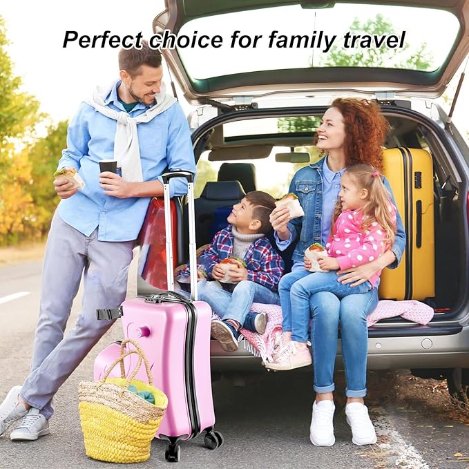 20 Inch Ride On Kids Suitcase with Wheels, Ride on Luggage with Pedal, Hardshell Kids Suitcase Adjustable Safe Harness, ABS+PC, Up To 100 Lbs, Pink