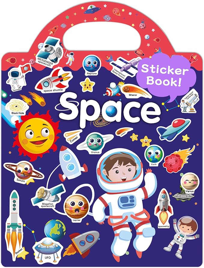 Benresive Reusable Sticker Book for Toddlers 2-4 Years, Fun Travel Stickers for Kids, Waterproof Sticker Books for Toddlers 1-3, Crafts Activities for Toddler 1-3 2-4 3-5 - Space