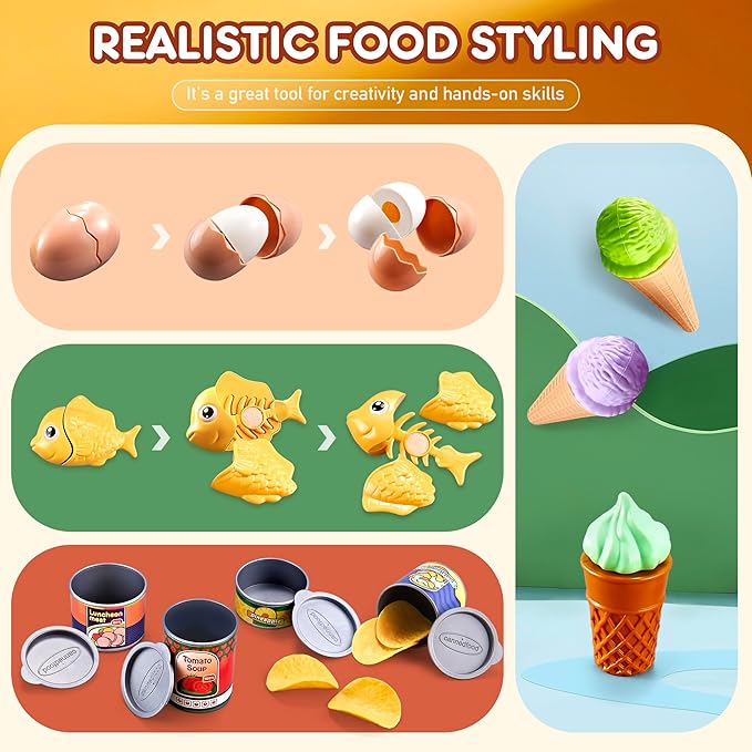 Play Food Sets for Kids Kitchen,66PCS Play Kitchen Accessories,Cutting Toy Food Kids Kitchen Accessories with Pizza,Fruits & Storage Bag,Educational Toys Gift for Boys Girls 3 Year Old