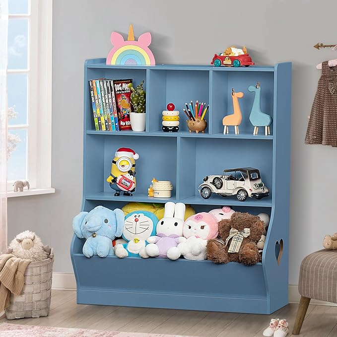 Lerliuo Kids Storage Organizer, 3 Tier Children Bookcase and Bookshelf, Toddler 6 Cubby Cabinet, Wood Book Shelf for Playroom, Bedroom, Living Room, Nursery, School 39.17'' H(Blue)