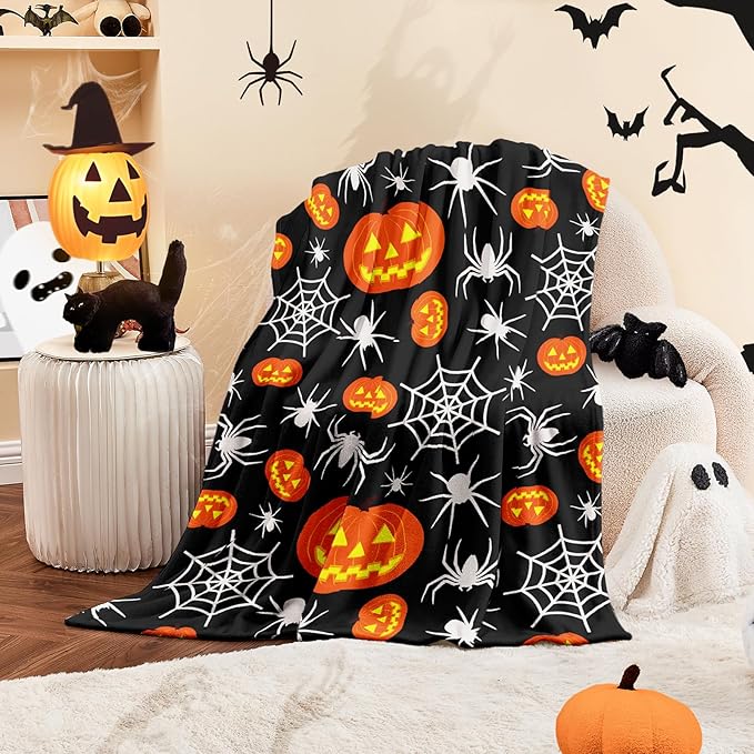Wajade Spider Web Throw Blanket Halloween Black Blanket, Halloween Spider Web Pumpkin Velvet Fleece for Sofa Bed Couch Chair Dorm 50" x 60"
