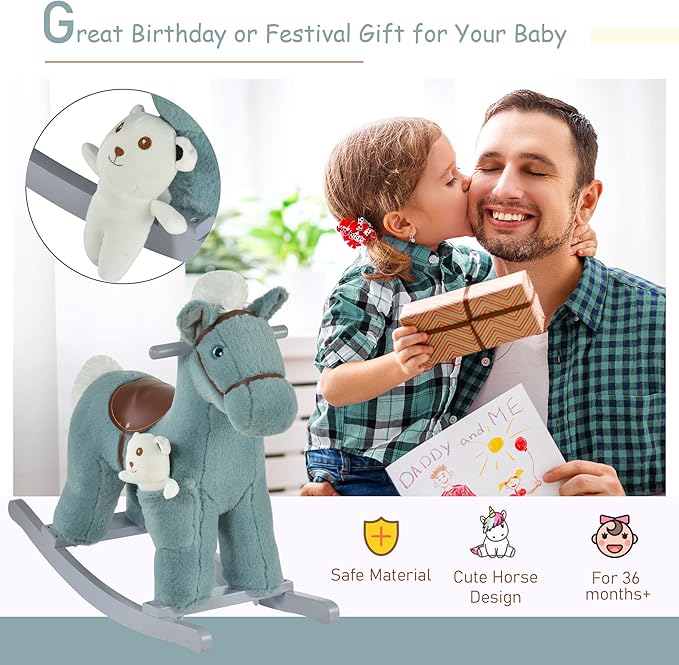 Qaba Kids Plush Ride-On Rocking Horse with Bear Toy, Children Chair with Soft Plush Toy & Fun Realistic Sounds, Blue