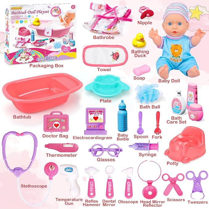 Baby Doll Care Toys, 30PCS Baby Dolls Bath Set & Doctor Kit, Pretend Play Baby Doll Set, Incl Bathtub, Bathrobe, ECG, Thermometer, Toddlers Toys Gifts for Age 3 4 5 6 Year Old Girls
