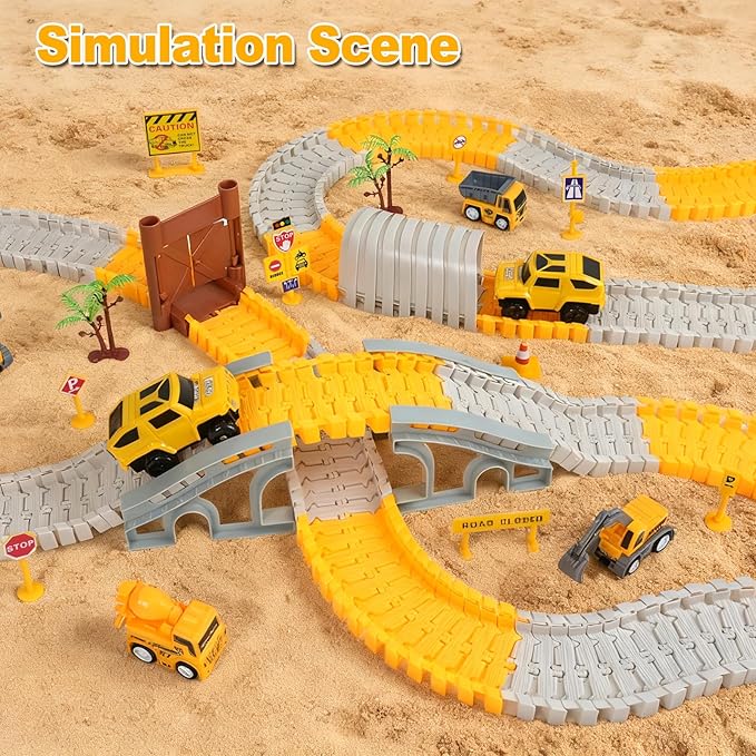 BEMITON Construction Race Track Toys for Kids - Birthday Gift for 3 4 5 6 7 Year Old Boys, 330+ PCS Track Playset with Electric Cars and Construction Trucks, DIY Engineering Road Building Sets