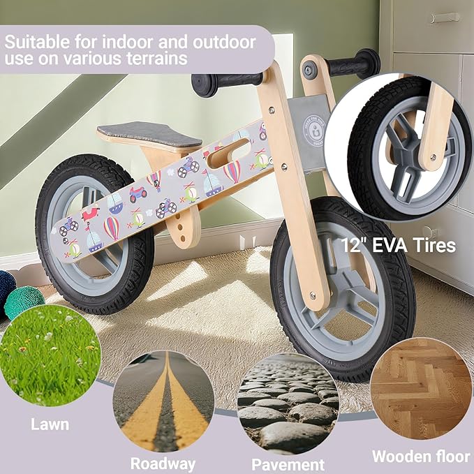 Wooden Toddler Balance Bike, Kids Balance Bike for 3 Year Old with Adjustable Seat, No Pedal Toddler Bicycle for Kids 3-5 for Boys and Girls Birthday Gifts Toys