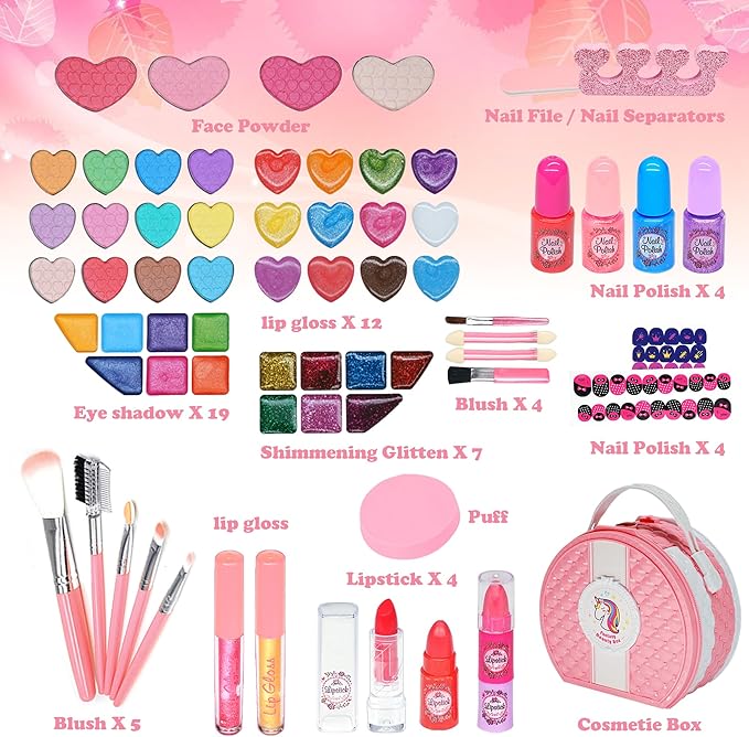 Kids Washable Makeup Girls Toys - Real Makeup Kit for Little Girls, Kid Make up Set for Toddlers Children Princess Dress Up Christmas Birthday Gifts Toys for 3 4 5 6 7 8 9 10 11 12 Year Old Girls