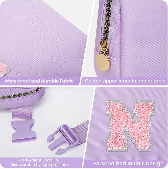 Belt Bag Fanny Pack Crossbody Bags with Initials Letter Patch, Cute Stuff Birthday Gifts for Teenager Girls Trendy Stuff, Graduation Gift idea for Girls 6 7 8 9 10 11 12 13 14 Year Old (Lavender, N)