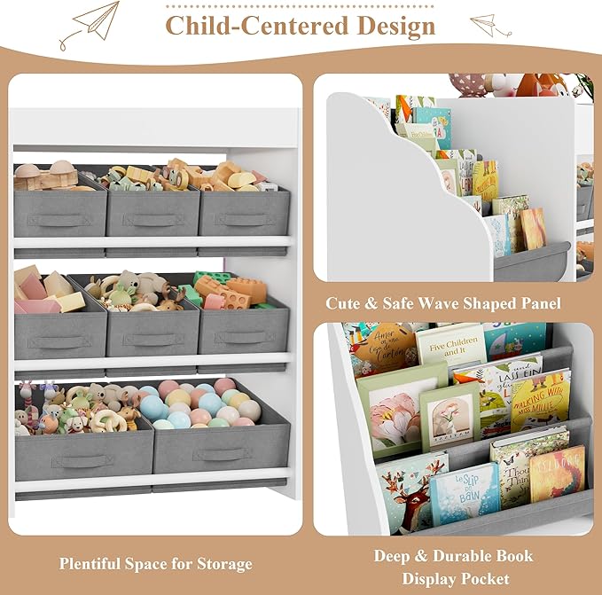 62.2 inches Toy Storage Organizer and Kids Bookshelf, Toy Organizer with 2 Movable Drawers and 9 Box Bins, 4 Tier Toddler Bookshelf for Book Storage and Display