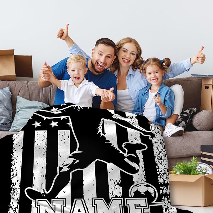 Soccer Throw Blankets for Kids Boys Teens 8-12, Personalized 60x50 Inches Plush Comfy Soft Custom Sports Throws Decor for Couch Bed Home Gifts Ideas