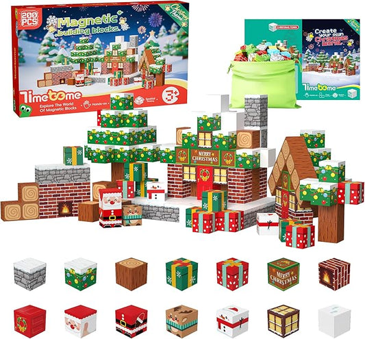 Magnetic Blocks, 200PCS Magnetic Building Block Cubes, STEM Montessori Sensory Toys for Kids Boys Girls Ages 3 4 5 6 7 8 9 10 (Christmas Version)